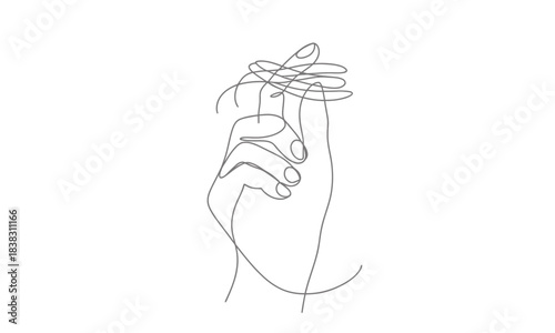 Continuous line art drawing of a hand holding a tangled mess of string