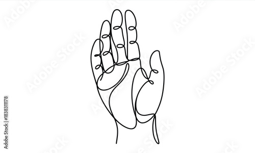 A single continuous line drawing of a human hand gesturing stop or high five on white background