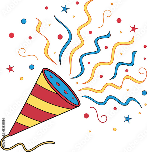 A colorful party popper with confetti explosion of joy