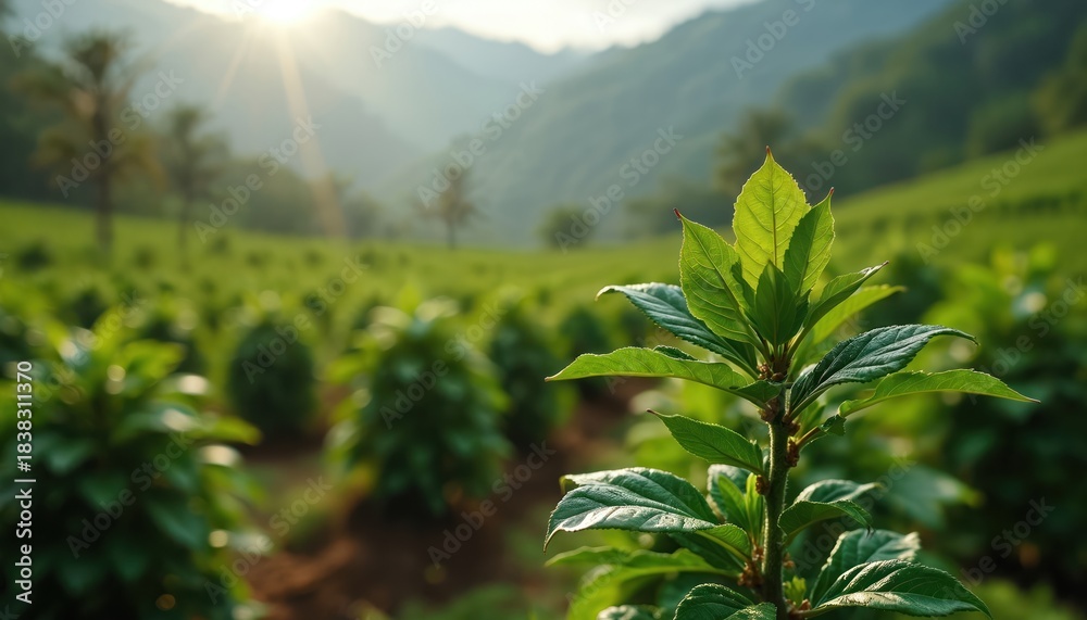 Obraz premium Close up of vibrant green coffee plant with young leaves. Sun shines brightly on vast eco plantation field. Rows of coffee crops stretch toward distant misty mountains. Beautiful natural farm