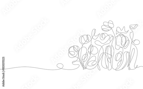 A simple and elegant continuous line drawing illustration of a flower bed