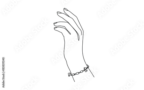 A minimalist one line drawing of a female hand with an elegant bracelet around the wrist