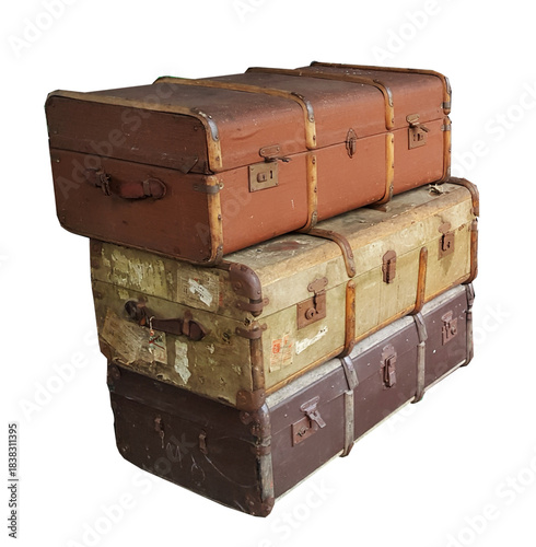 Vintage travel luggage trunks. Dating to at least the early 20th century,,  these old trunks are well used and worn , in leather and wood on many journeys and adventures by land sea or air. 