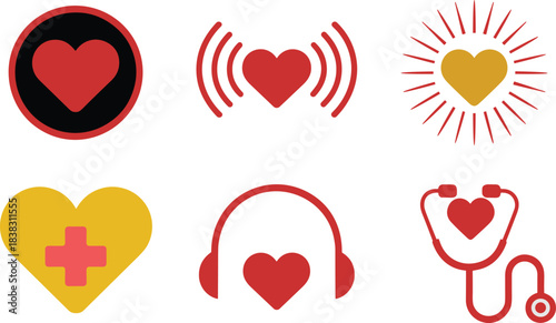 Heart icon set, healthcare and music symbols, stethoscope, headphones, medical cross, wireless signal, emotional care concept, wellness vector illustration for personal use