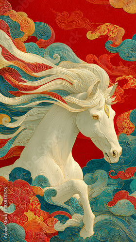Majestic unicorn galloping through vibrant swirling clouds at sunset