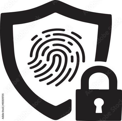 Biometric fingerprint security icon with shield and padlock representing data protection and authentication