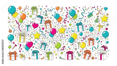 Festive Frenzy: A joyful burst of colorful gifts, balloons, confetti and celebration elements, creating a sense of joy and excitement. 