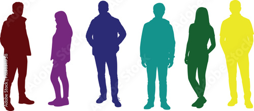 Colorful human silhouettes, diverse standing figures, casual posture vector set, vibrant people shape icons, minimal character design pack, individuality and inclusion artwork