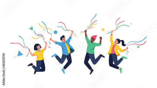 Joyful Celebration: A group of friends jumps in mid-air holding colorful streamers, radiating happiness and celebrating a special moment.