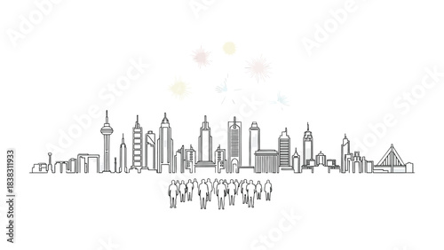 Urban Silhouette: A minimalistic portrayal of an urban skyline with the silhouettes of city skyscrapers, showcasing the towering structures with simple lines.