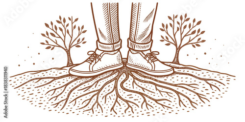 Person standing with feet rooted like a tree roots