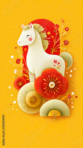 Colorful horse design with flowers and circles on a vibrant background