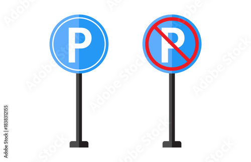 Parking and no-parking pole sign icon set, road traffic symbol, street signage for parking rules – vector editable design