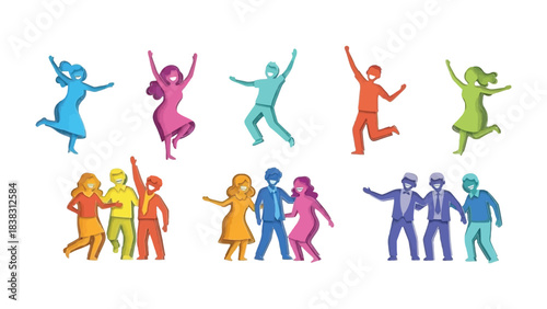 Dancing figures: Vibrant figures representing celebration, energy, and community in a bright scene filled with dancing and celebration.