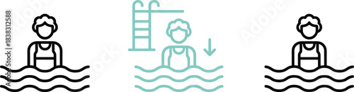 Outline drawing of a person half-submerged in wavy water, with a separate diving board or pool ladder element, suitable for summer graphics.