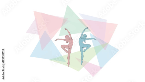 Graceful Duet: Two ballerinas elegantly pirouette amidst a constellation of colorful triangles, symbolizing the fluidity and harmony of dance.