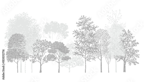 Architectural Drawings, Minimal CAD Tree Line Side View Featuring Wetland Forest Section Outline for Environmental and Landscape Design, Scalable Vector Illustration Elements