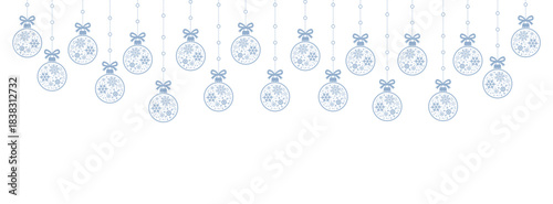 Soft winter Christmas background with hanging light blue baubles and white snowflake icons on clean white space, elegant minimalist border for festive greeting cards, invitations, banners, and seasona