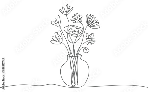 Elegant continuous line art drawing of a bouquet of flowers arranged in a glass vase