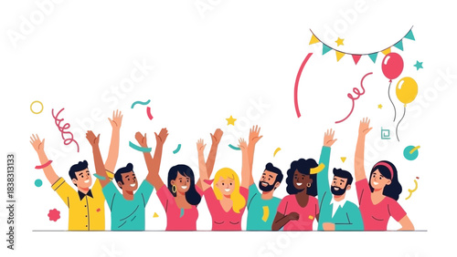 Celebration of Harmony: A diverse group of individuals united in a jubilant celebration, their arms raised in unity as colorful confetti rains down, representing the spirit of togetherness, joy.
