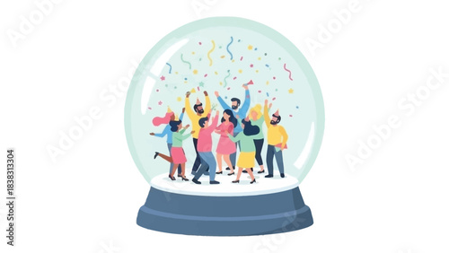 Joyful Gathering in the Snow Globe: A vibrant gathering of people within a snow globe celebrate with confetti, showcasing unity, festivity and togetherness. 