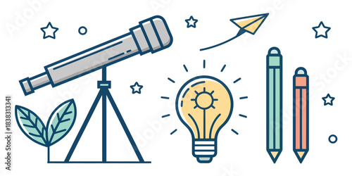 Telescope, lightbulb, pencils, and paper airplane idea