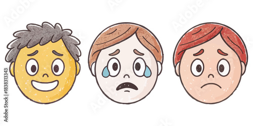 Three Cartoon Faces Showing Different Emotions sketchy