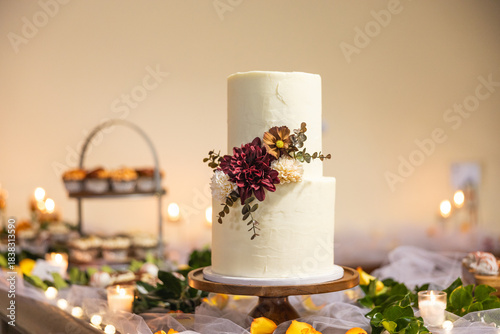 wedding cake and flower decorations 