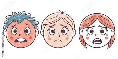 Three cartoon faces showing sadness and crying unhappy
