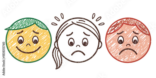 Three Cartoon Faces Showing Different Emotions sketchy