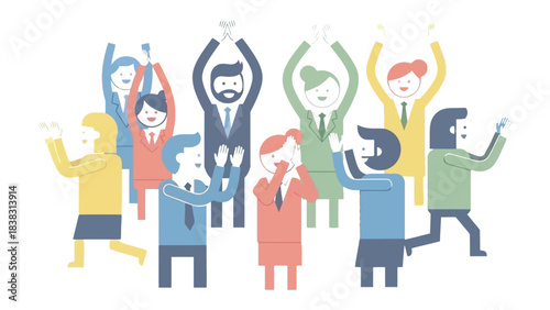 Team Celebration: Joyful business people exuding triumph, arms raised in a display of team unity, signifying a celebration of collective achievement and success.