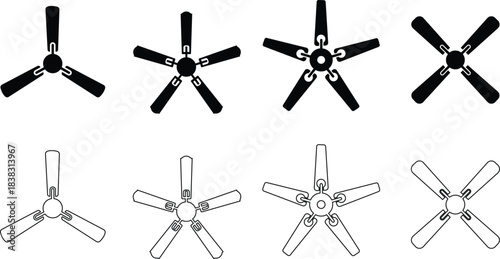Ceiling fan Icons set thin line vector Illustration Isolated on transparent backgound.