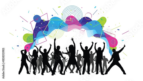 Energy Unleashed: Silhouetted figures celebrate amidst a vibrant splash of color, expressing the dynamism of a high-spirited gathering.