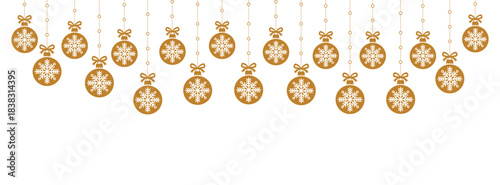 Minimalist Christmas background with hanging gold baubles and white snowflake icons on white space, elegant festive border for holiday greeting cards, invitations, banners, and seasonal graphic design