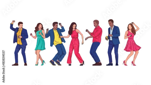 Energetic Group Dance: Illustrative representation of diverse individuals immersed in a lively group dance, showcasing exuberance and the joy of shared movement.