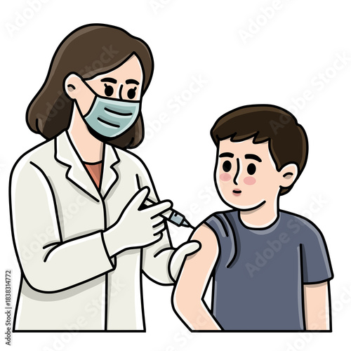 Female doctor giving a vaccine injection to a young boy patient vector illustration