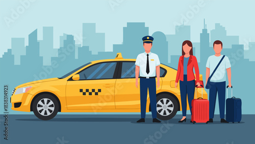 A yellow taxi car with a driver and two passengers with luggage in front of a city skyline.