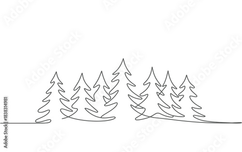 Continuous line drawing of a group of pine trees forming a minimalist forest scene