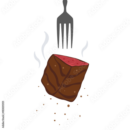 Grilled Meat on Fork Vector Illustration. Flat design vector of grilled steak on a fork with steam and seasoning. Delicious BBQ beef or pork concept isolated on a white background.