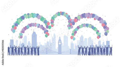 Celebratory skyline: Festive balloons paint the sky above a silhouetted cityscape, where figures stand in unison to revel in the moment, creating a visual symphony of joy and celebration. 