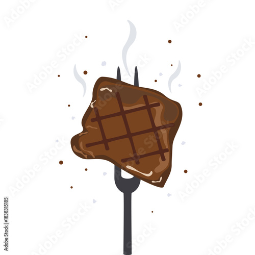 Grilled Meat on Fork Vector Illustration. Flat design vector of grilled steak on a fork with steam and seasoning. Delicious BBQ beef or pork concept isolated on a white background.