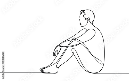 Minimalist continuous line art of a person sitting in a contemplative pose