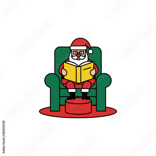Santa Claus sitting in a comfortable armchair reading a book, a festive holiday illustration