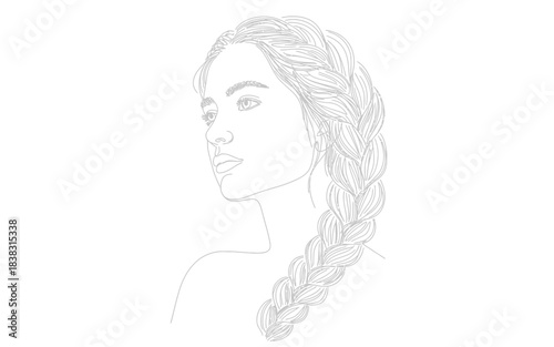 Minimalist line art drawing of a woman's profile featuring a long elegant braid