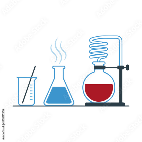 Scientific chemistry laboratory glassware illustration, experiment setup with flasks, beaker, and condenser