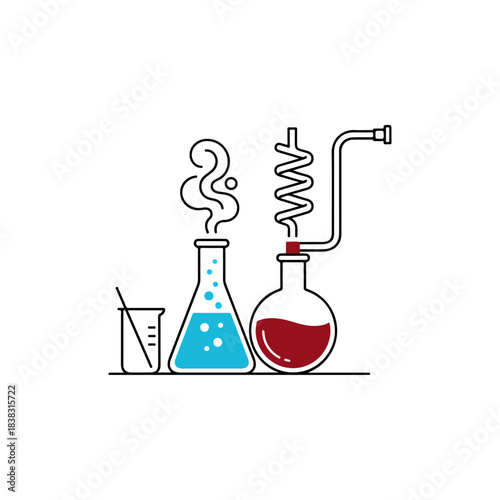Laboratory Science Experiment Setup with Beaker Flasks and Condenser Showing Chemical Reactions and Vapor