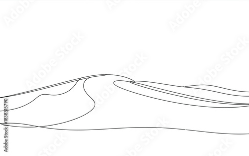 Continuous line minimalist drawing of rolling sand dunes in a desert landscape