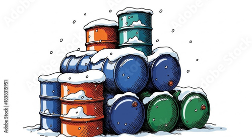 Colorful oil barrels stacked and covered with snow in winter  