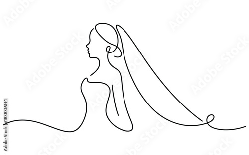 Minimalist one continuous line drawing of an elegant bride wearing a wedding veil
