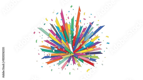 Explosive burst of Colors: A vibrant display of geometric shapes radiates outwards, with confetti, symbolizing creativity and energy.